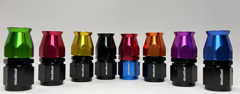 Row of colorful AN PTFE fittings on a gray background