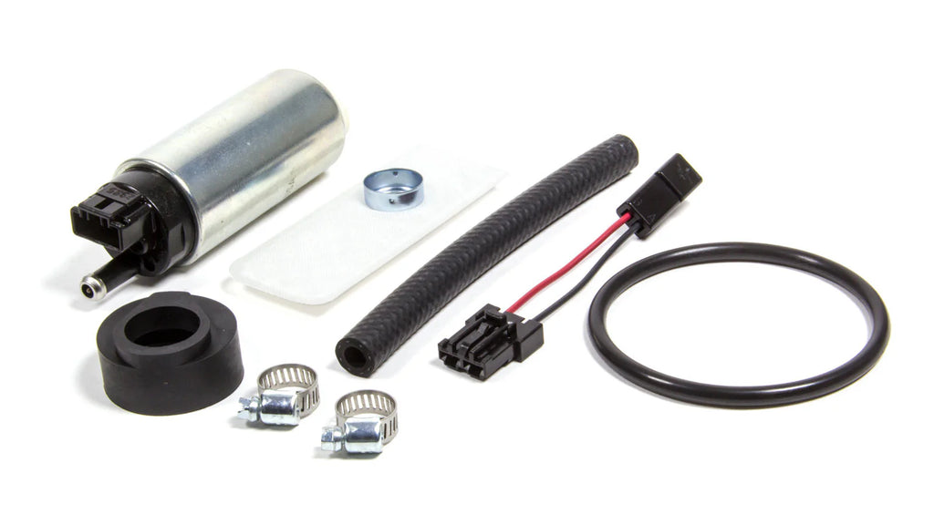 Walbro/TI 255 LPH in-tank EFI pump kit (GCA758) — pump, strainer sock, submersible hose, clamps, wiring pigtail

