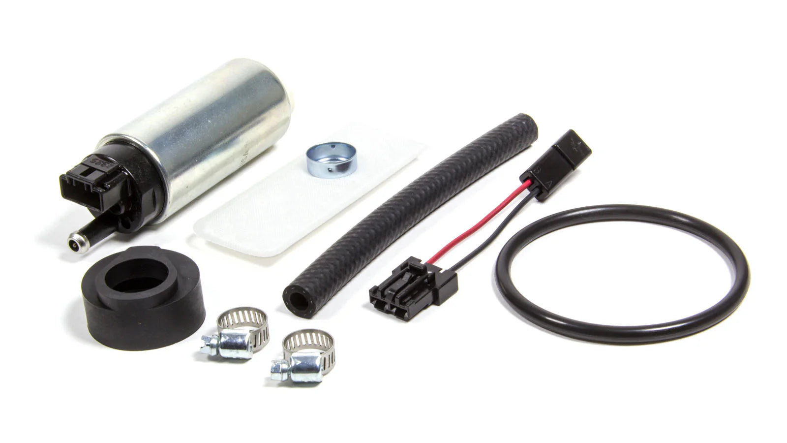 Walbro/TI 255 LPH in-tank EFI pump kit (GCA758) — pump, strainer sock, submersible hose, clamps, wiring pigtail
